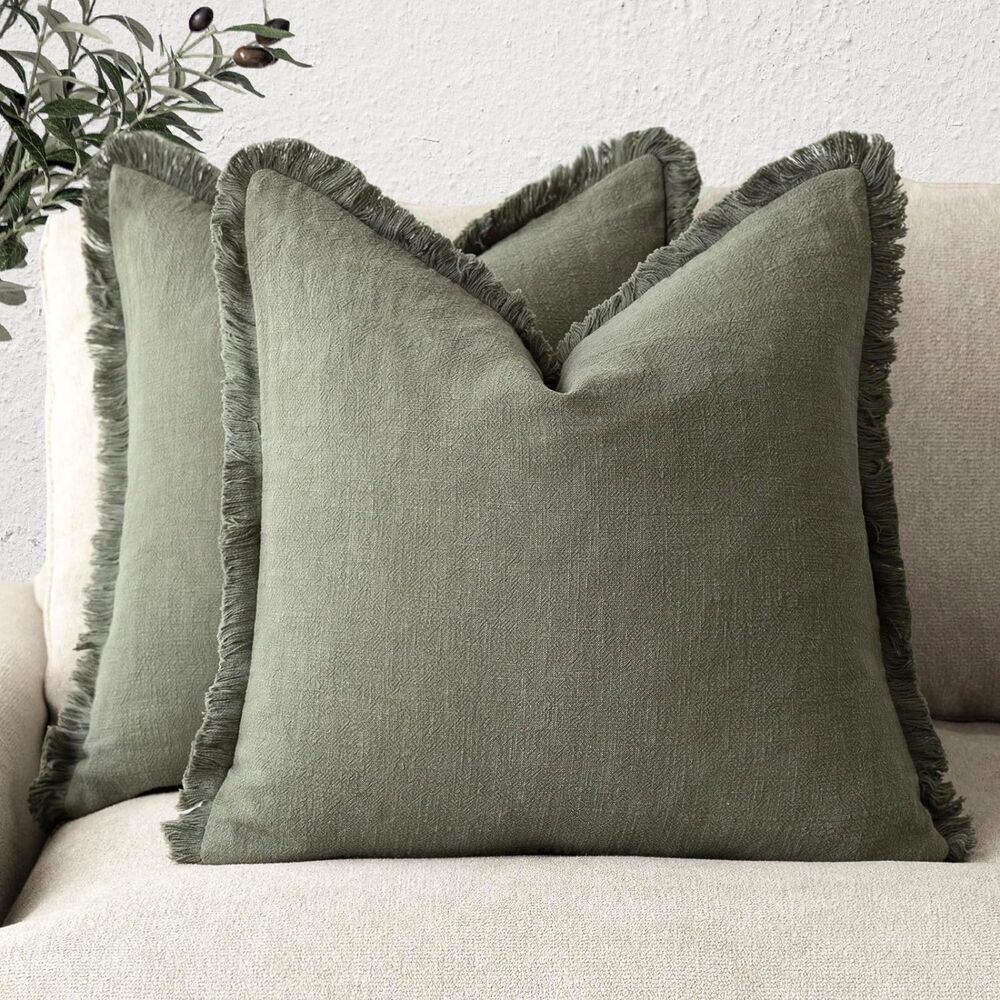 Decorative Linen Fringe Throw Pillow Covers Boho  24x24" Olive Green x2 NEW